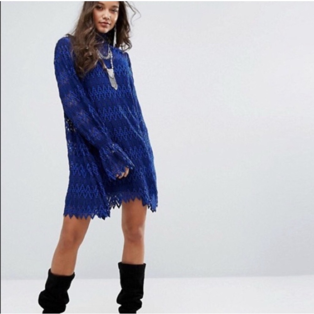 NWT Free People Simone Mock Neck Long Bishop Sleeve Dress‎ Blue Boho Retro Mod